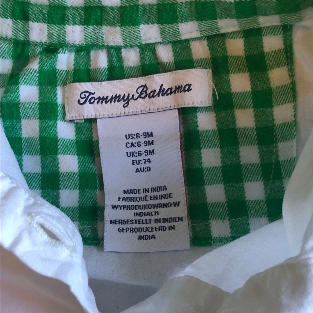 Tommy Bahama White Onesie with Green Gingham Trim